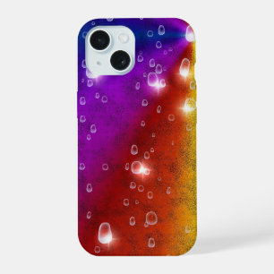 Coque iPhone 15 Arc-en-ciel en cuir d'éléphant optique, gouttes de
