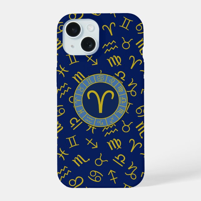 Coque iPhone 15 Aries Zodiac+Astrologie Symboles Motif Gold+Blues (Verso)