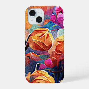Coque iPhone 15 Art Abstrait Floral Fleurs Orange Rouge Bleu