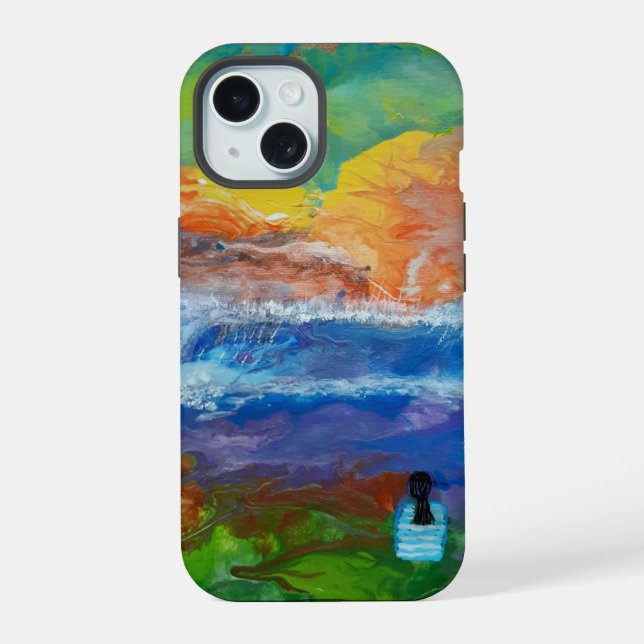 Coque iPhone 15 art abstrait original Grande Vague matin (Verso)