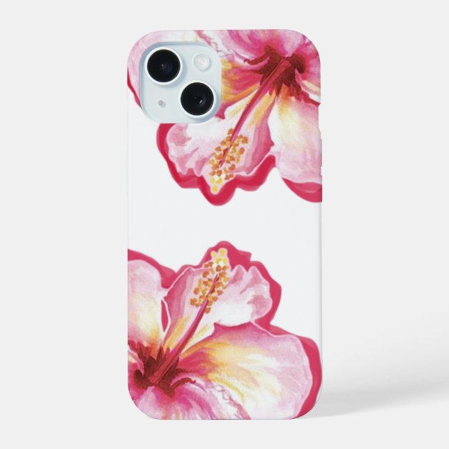 Coque iPhone 15 Art aquarelle à l'hibiscus rose (Verso)
