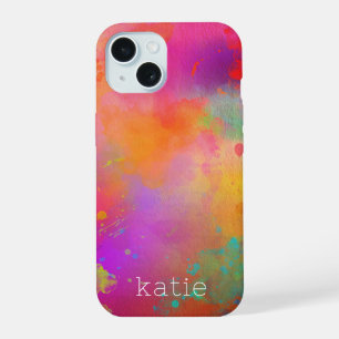 Coque iPhone 15 Art aquarelle coloré moderne avec nom
