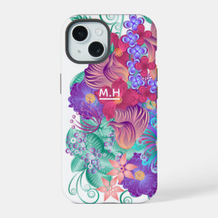 Coque iPhone 15 Art botanique moderne et fantaisiste avec monogram