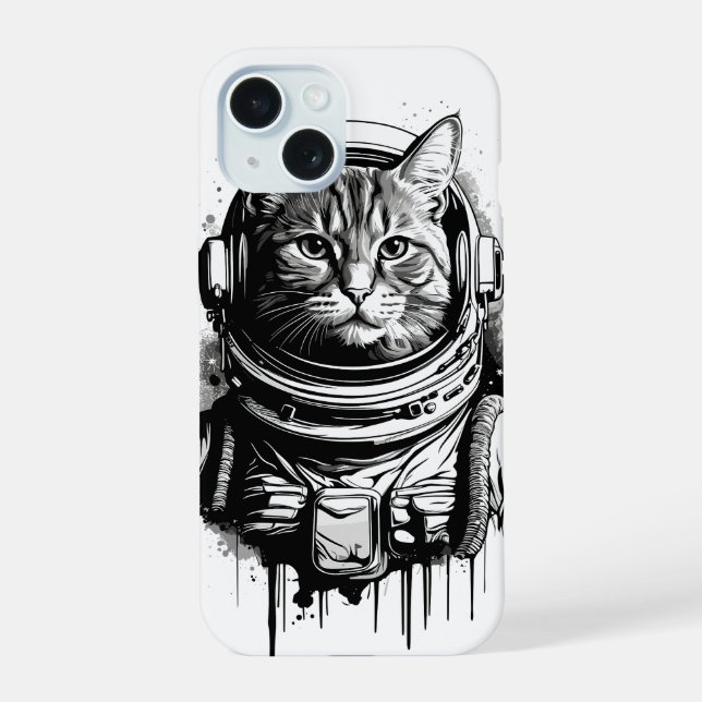 Coque iPhone 15 Art de chat astronaute à l'encre (Verso)