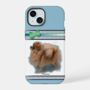 Coque iPhone 15 Art de chien Pomeranian bleu moderne