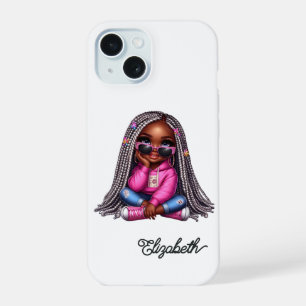 Coque iPhone 15 Art de Jeune Fille Noire Mignonne