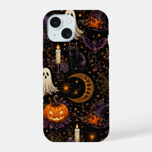 Coque iPhone 15 Art de motif de citrouille et de fantôme de nuit d