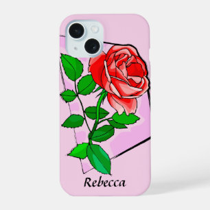 Coque iPhone 15 Art de rose rouge unique personnalisé