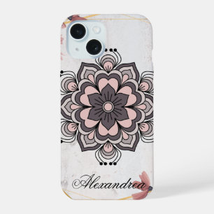 Coque iPhone 15 Art floral Rangoli, Harmonie apaisante rose et gri