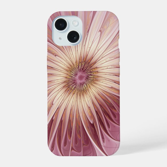 Coque iPhone 15 Art fractal de fleurs abstraites et nuances de bor (Verso)
