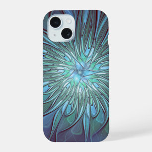 Coque iPhone 15 Art fractal de fleurs bleues tendance abstrait mod