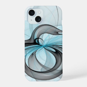 Coque iPhone 15 Art fractal moderne gris anthracite abstrait bleu