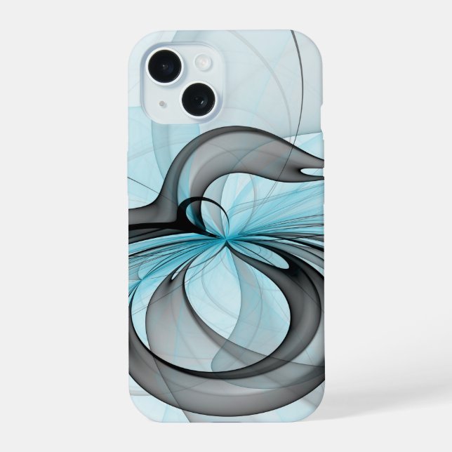 Coque iPhone 15 Art fractal moderne gris anthracite abstrait bleu (Verso)