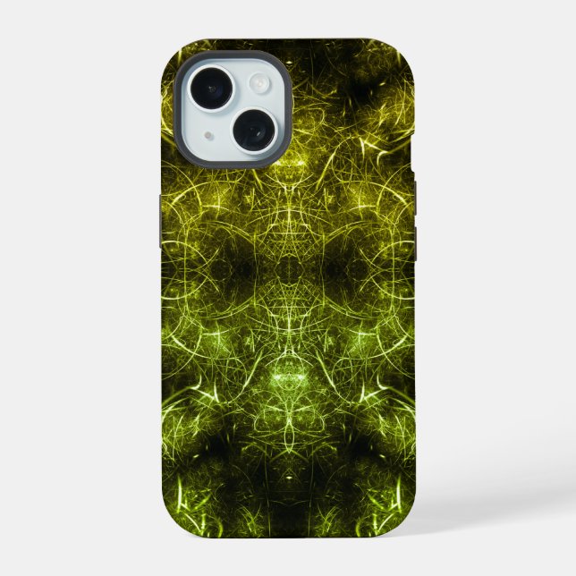 Coque iPhone 15 Art fractal plasma électrique doré (Verso)
