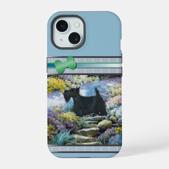 Coque iPhone 15 Art moderne Blue Scottish Terrier Dog (Verso)