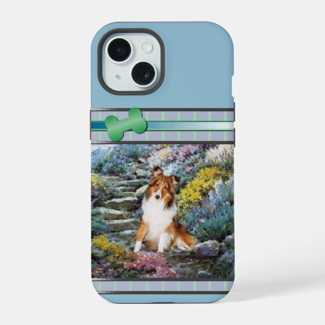 Coque iPhone 15 Art moderne Blue Shetland Sheepdog Chien (Verso)