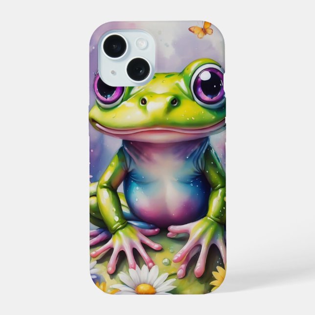 Coque iPhone 15 Art numérique de grenouille avec fleur (Verso)