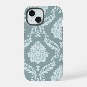 Coque iPhone 15 Art Rococo Damassé I Bleu Canard+Turquoise