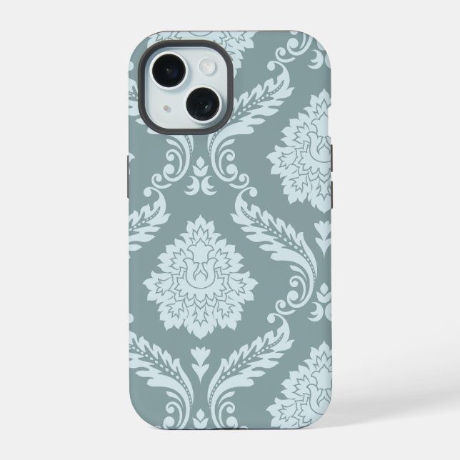 Coque iPhone 15 Art Rococo Damassé I Bleu Canard+Turquoise (Verso)