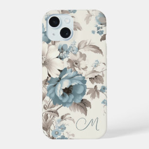 Coque iPhone 15 Assez poussiéreux bleu/marron floral avec initiale