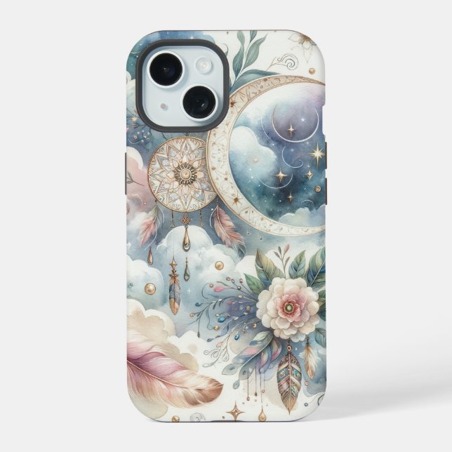 Coque iPhone 15 Attrape-rêves Bleu et Rose (Verso)