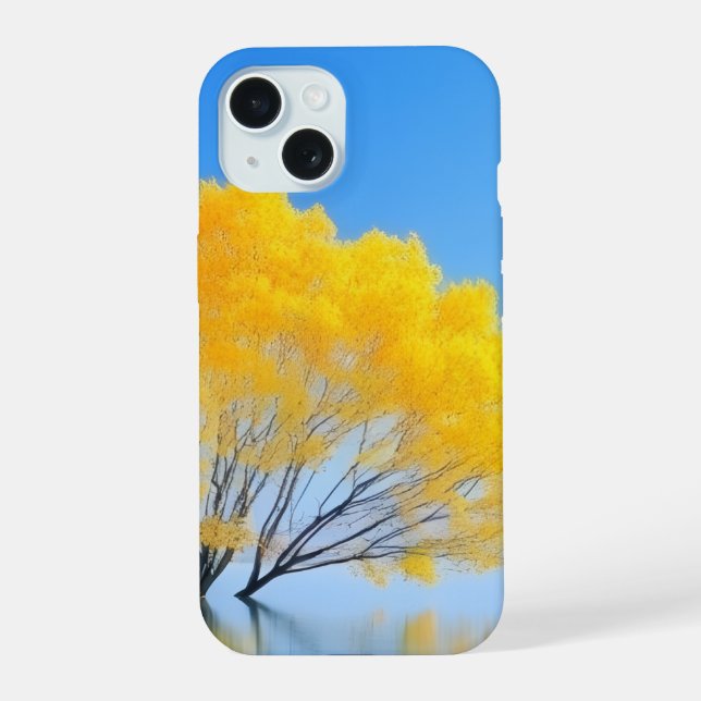 Coque iPhone 15 Autocollant esthétique de réflexion d'arbre jaune  (Verso)