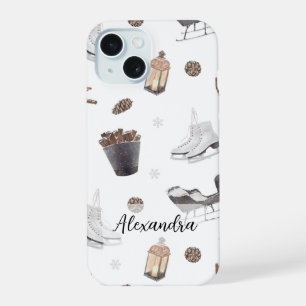 Coque iPhone 15 Aventure d'hiver, cônes de pin, traîneaux, patins