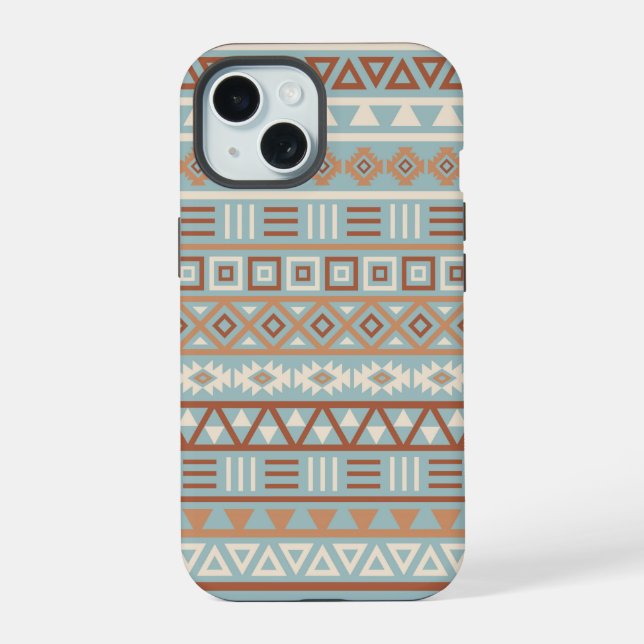 Coque iPhone 15 Aztec Influence Motif Crème Bleue Terracottas (Verso)