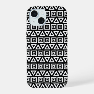 Coque iPhone 15 Aztec Triangles+Motif Carré blanc sur noir