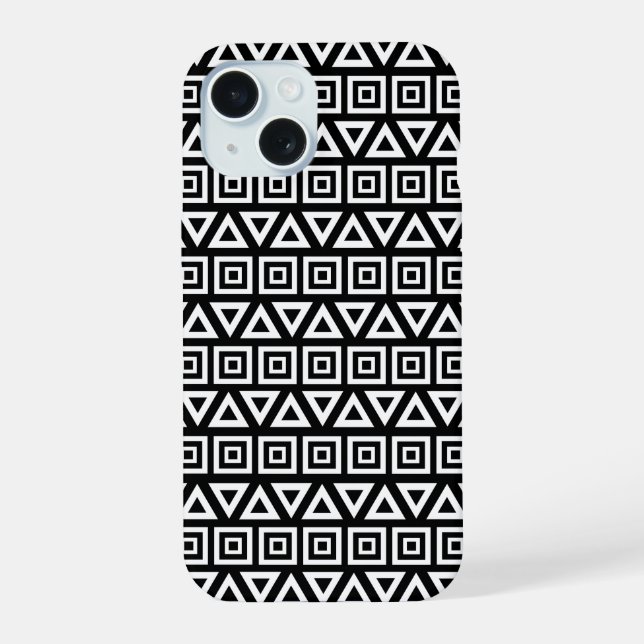 Coque iPhone 15 Aztec Triangles+Motif Carré blanc sur noir (Verso)
