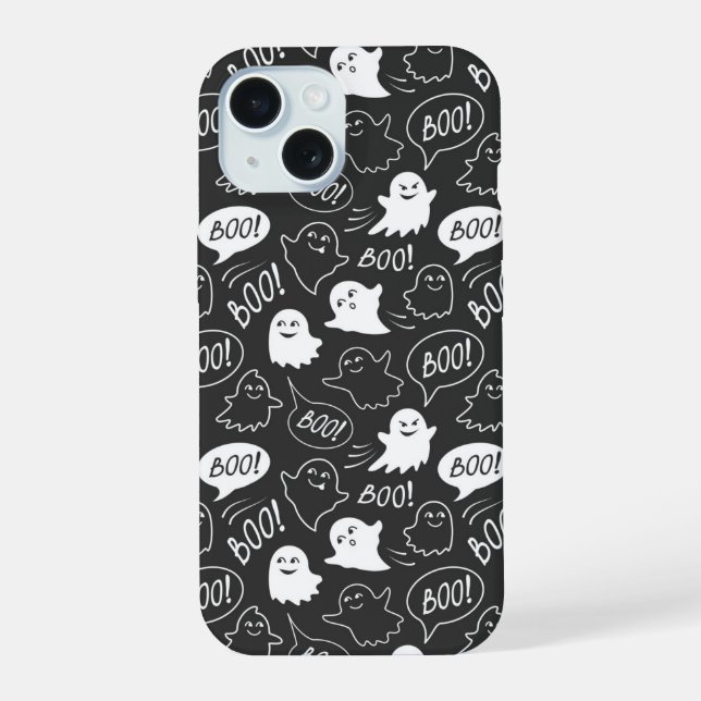 Coque iPhone 15 B&W Cute Doodle Halloween Motif (Verso)