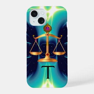 COQUE iPhone 15 BALANCE DE LA LOI EN OR AVEC MONOGRAMME DE PIERRES