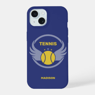Coque iPhone 15 Balle de tennis à nom personnalisé avec ailes