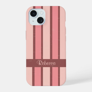 Coque iPhone 15 Bande de bonbons rétro personnalisée rose sur brun