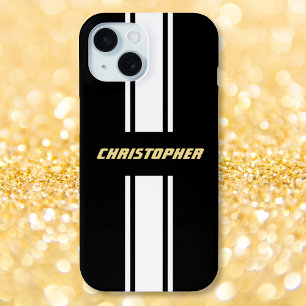 Coque iPhone 15 Bandes de course personnalisées noir blanc monogra