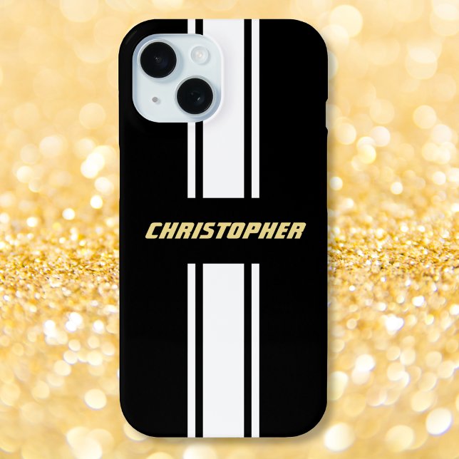 Coque iPhone 15 Bandes de course personnalisées noir blanc monogra (Custom Black White Racing Stripes Gold Monogrammed Case-Mate iPhone Case)