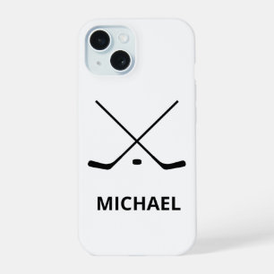 Coque iPhone 15 Bâtons et palet de hockey noir blanc personnalisés