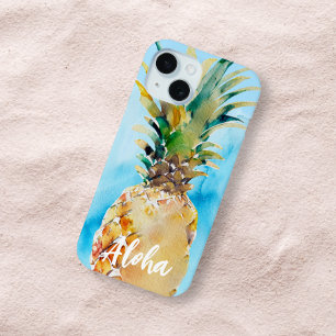 Coque iPhone 15 Beau Ananas Tropical Bleu Aquarelle Aloha