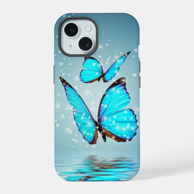 Coque iPhone 15 beau papillon bleu brillant (Verso)
