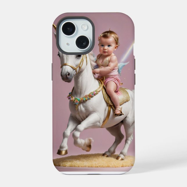 Coque iPhone 15 Bébé montant une licorne (Verso)