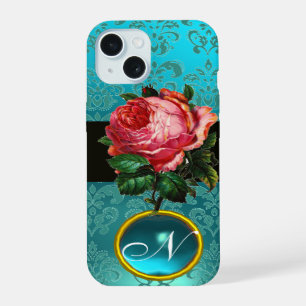 COQUE iPhone 15 BELLE ROSE ROSE PÂLE BLEU SARCELLE DAMAS GEMME MON