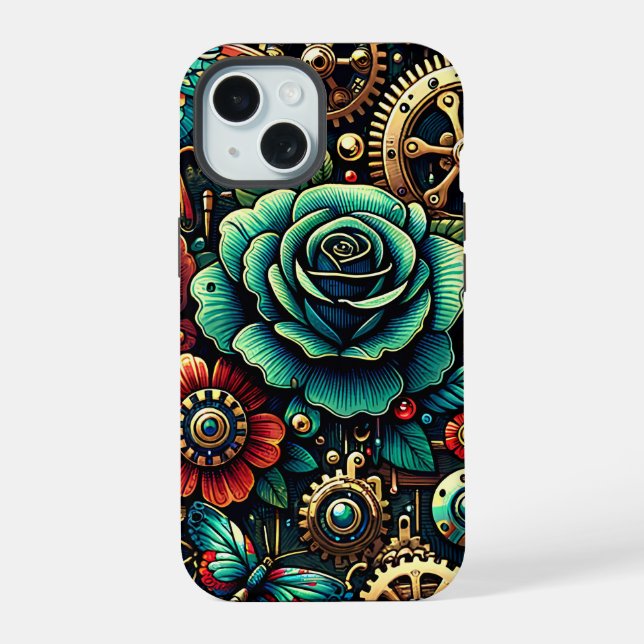 Coque iPhone 15 Belles engrenages et roses sur le thème Steampunk (Verso)