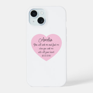 Coque iPhone 15 Bible élégant cœur rose Verset chrétien Foi    
