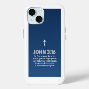 Coque iPhone 15 Bible Verset Jean 3:16 Croix Orthodoxe Dégradé Ble
