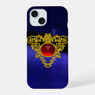COQUE iPhone 15 BIJOU CŒUR CELTIQUE OR AVEC PIERRE PRÉCIEUSE RUBIS