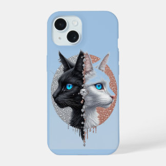 Coque iPhone 15 Black and White Cat Split Portrait With Blue Eyes