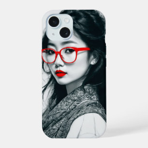 Coque iPhone 15 Black Blanc Asiatique Portrait Lèvres Rouges Et Ve