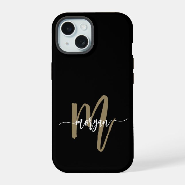 Coque iPhone 15 Black Gold Modern Script Girl Monogramme Nom (Verso)