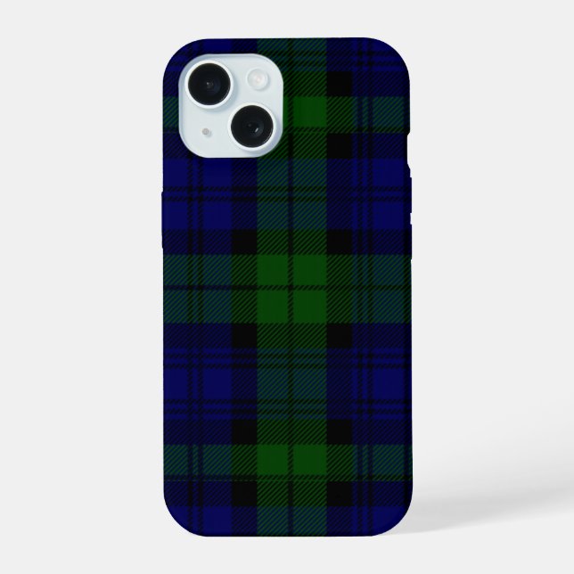 Coque iPhone 15 Black Watch Tartan bleu vert Plaid (Verso)