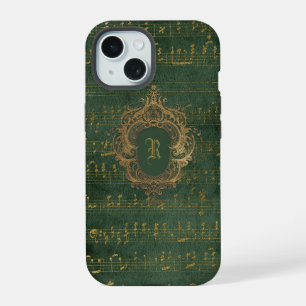 Coque iPhone 15 Blason de monogramme vintage manuscrit de musique
